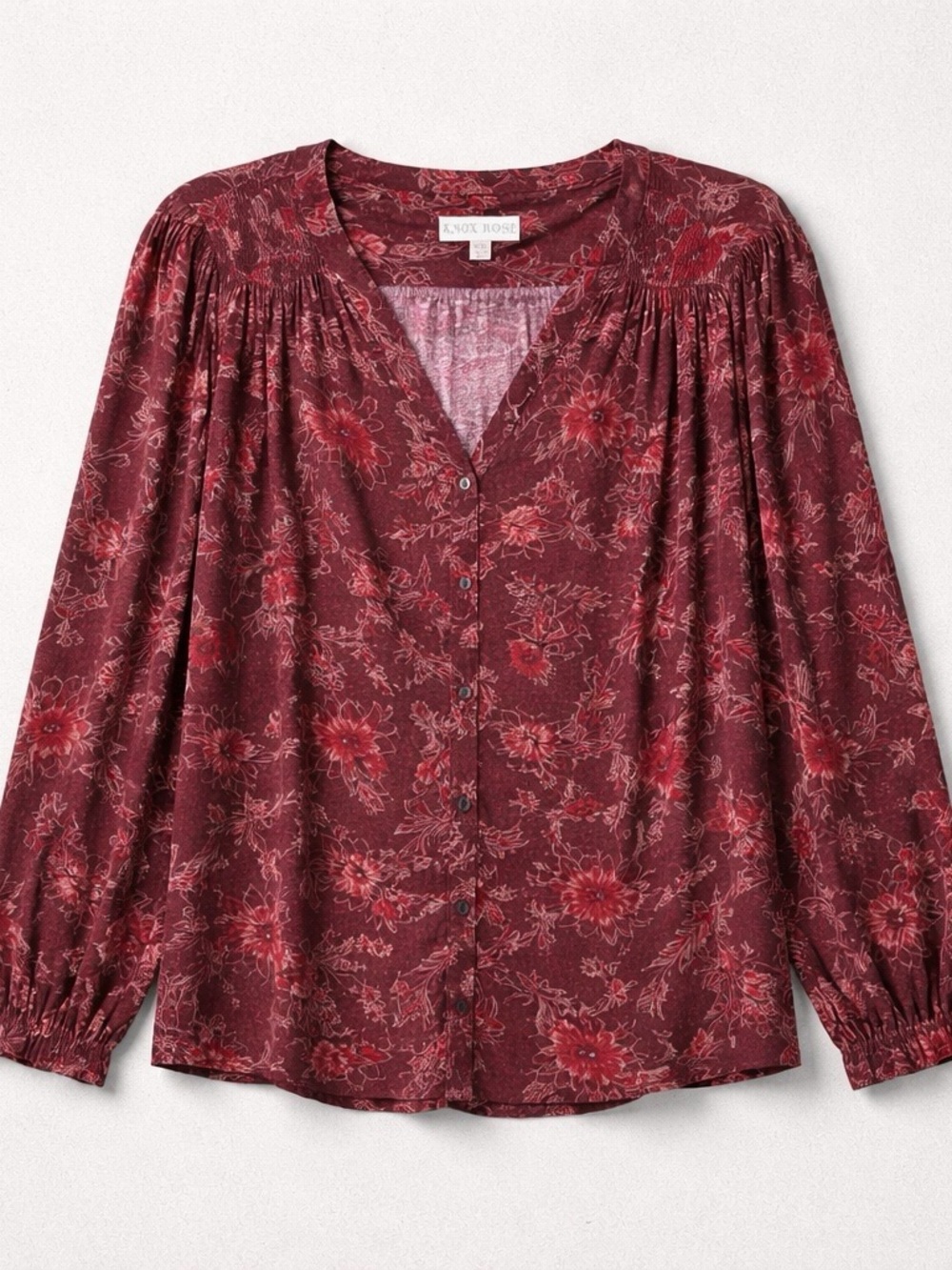 Knox Rose Marsala Floral Button-Front Peasant Blouse